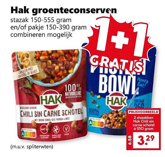 Hak groenteconserven stazak 150-555 gram en/of pakje 150-390 gram combineren mogelijk