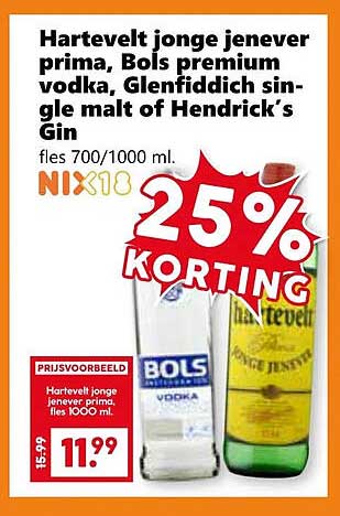 Hartevelt jonge jenever prima, Bols premium vodka, Glenfiddich single malt of Hendrick’s Gin