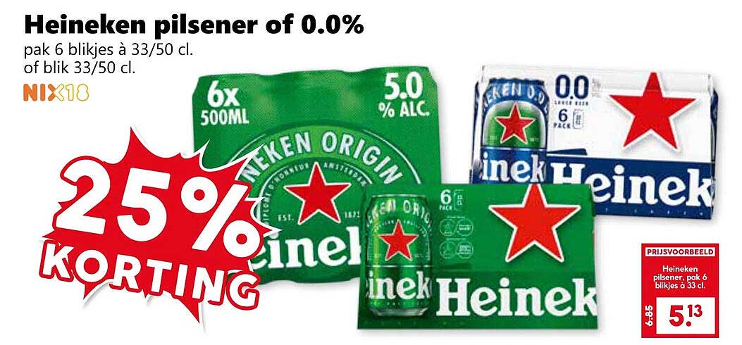 Heineken pilsener of 0.0% pak 6 blikkjes à 33/50 cl.