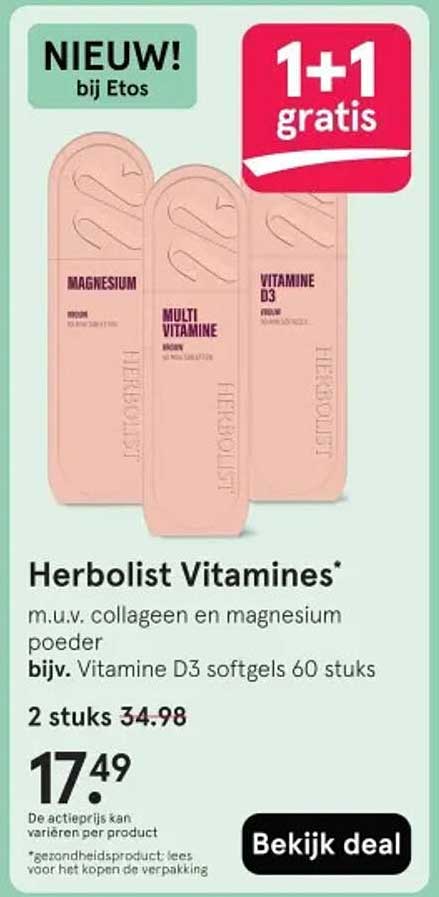 Herbolist Vitamines* m.u.v. collagen en magnesium poeder bijv. Vitamine D3 softgels 60 stuks