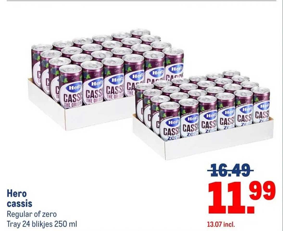 Hero cassis Regular of zero Tray 24 blikjes 250 ml