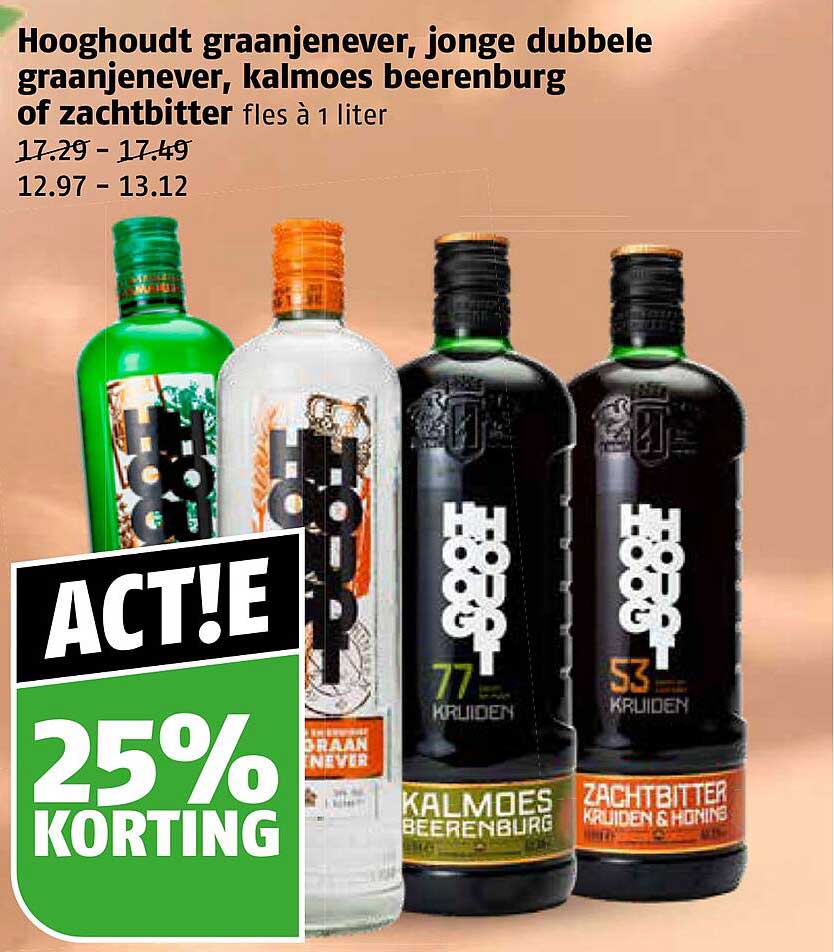 Hooghoudt graanjenever, jonge dubbele graanjenever, kalmoes beerenburg of zachtbitter fles à 1 liter