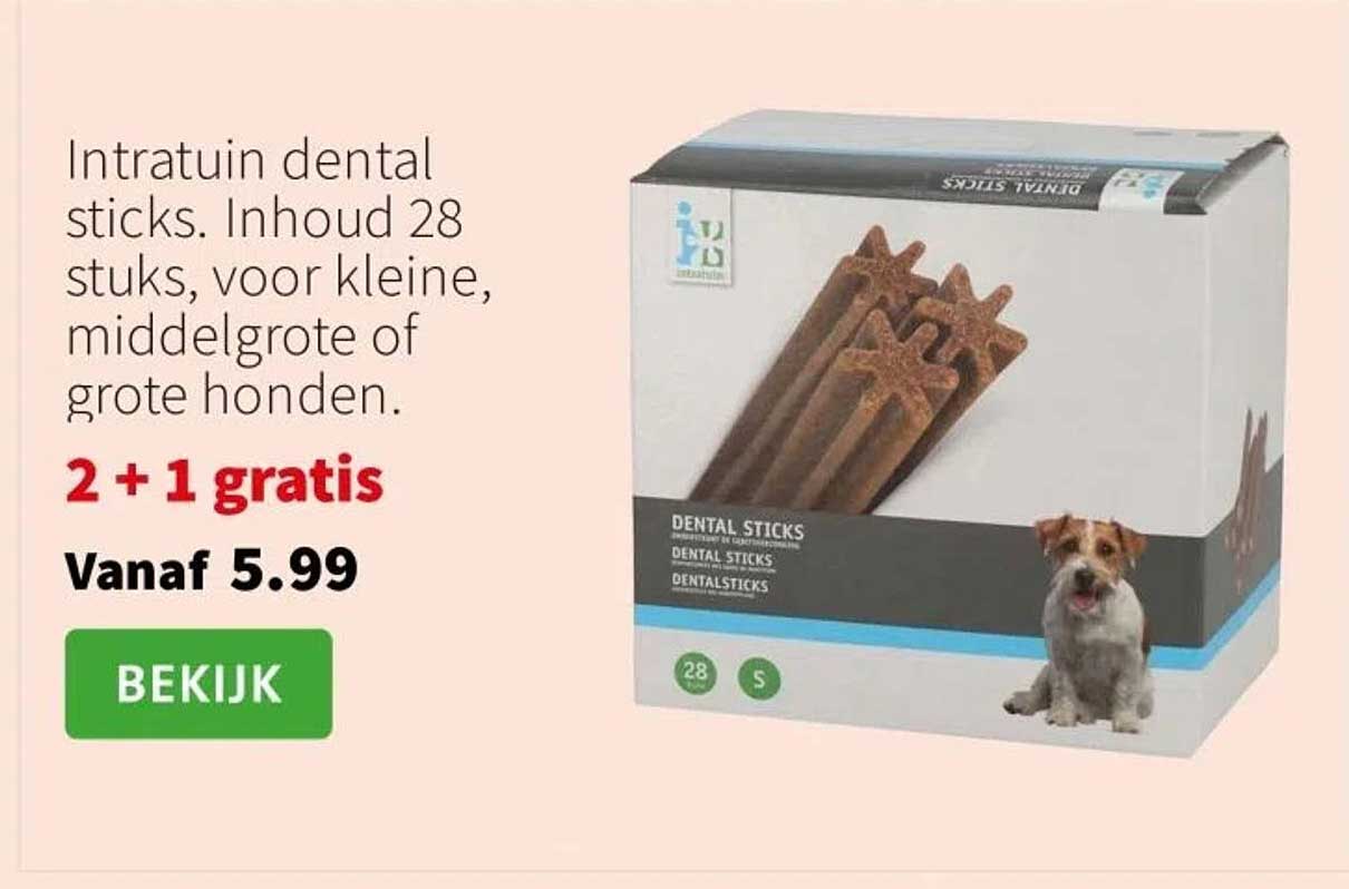 Intratuin dental sticks. Inhoud 28 stuks, voor kleine, middelgrote of grote honden.