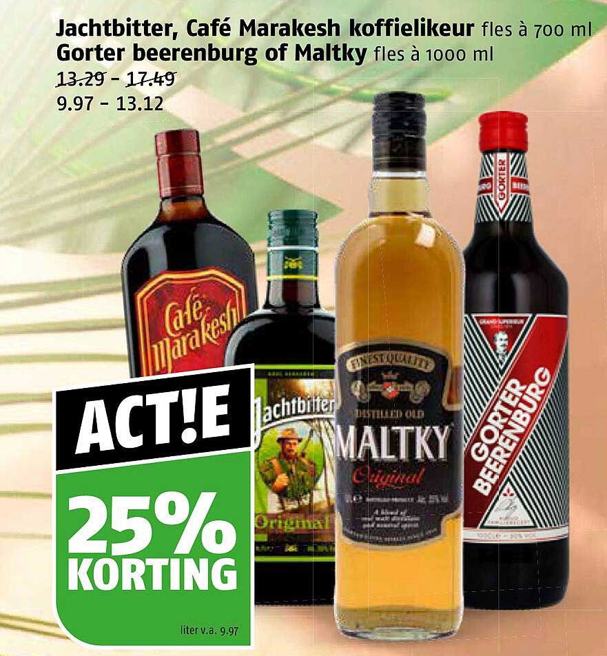 Jachtbitter, Café Marakesh koffielikeur, Gorter beerenburg of Maltky