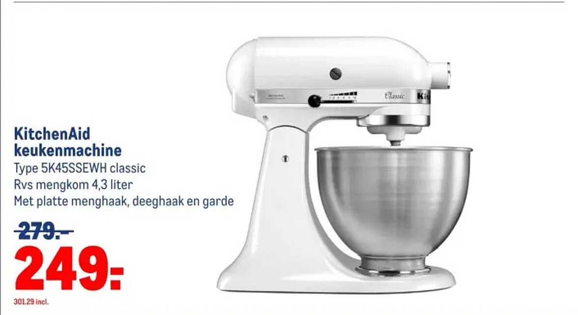 KitchenAid keukenmachine Type 5K45SSEWH classic Rvs mengkom 4,3 liter