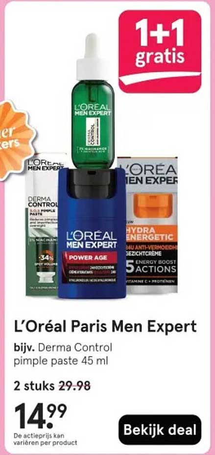 L'Oréal Paris Men Expert bijv. Derma Control pimple paste 45 ml 1+1 gratis