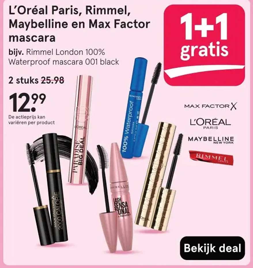 L’Oreal Paris, Rimmel, Maybelline en Max Factor mascara 1+1 gratis