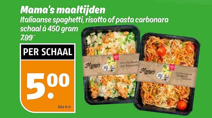 Mama's maaltijden Italiaanse spaghetti, risotto of pasta carbonara schaal à 450 gram