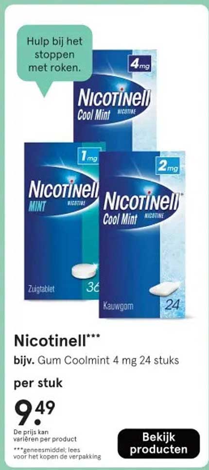 Nicotinell*** bijv. Gum Coolmint 4 mg 24 stuks