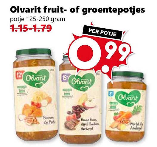 Olvarit fruit- of groentepotjes 125-250 gram
