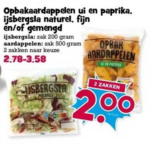 Opbakaardappelen ui en paprika, ijsbergsla naturel, fijn en/of gemengd