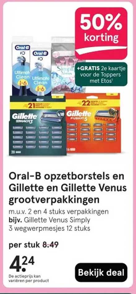 Oral-B opzetborstels en Gillette en Gillette Venus grootverpakkingen m.u.v. 2 en 4 stuks verpakkingen bijv. Gillette Venus Simply 3 wegwerpmesjes 12 stuks