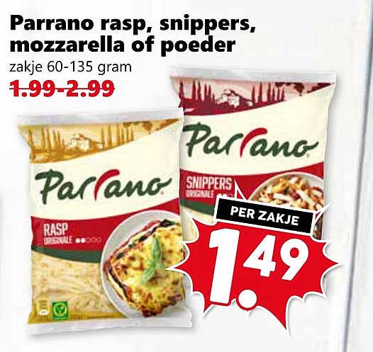 Parrano rasp, snippers, mozzarella of poeder zakje 60-135 gram