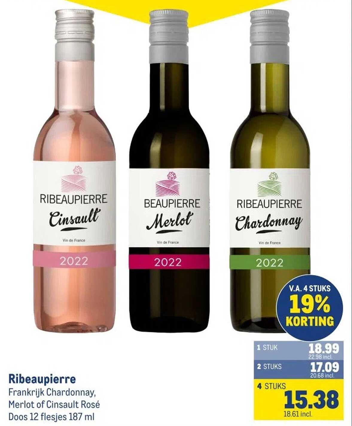 Ribeaupierrre Frankrijk Chardonnay, Merlot of Cinsault Rosé Doos 12 flesjes 187 ml