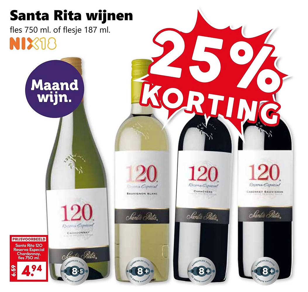 Santa Rita wijnen, fles 750 ml. of flesje 187 ml.