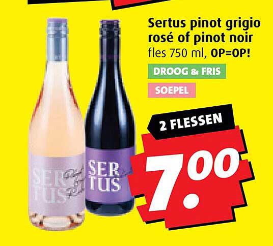 Sertus pinot grigio rosé of pinot noir fles 750 ml, 2 flessen voor 7,00