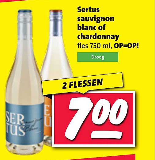 Sertus sauvignon blanc of chardonnay fles 750 ml, OP=OP!