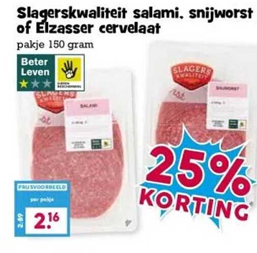 Slagerskwaliteit salami, snijworst of Elzasser cervelaat 150 gram