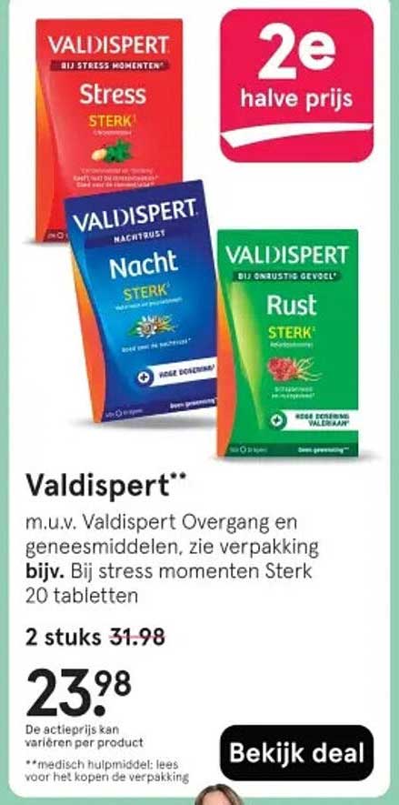 Valdispert** m.u.v. Valdispert Overgang en geneesmiddelen, zie verpakking bijv. Bij stress momenten Sterk 20 tabletten