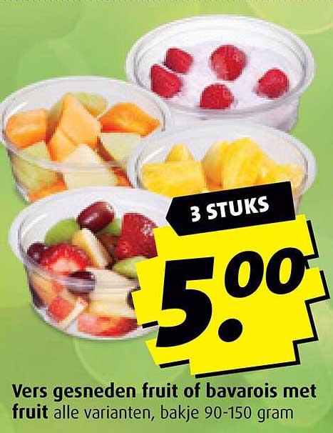 Vers gesneden fruit of bavarois met fruit alle varianten, bakje 90-150 gram