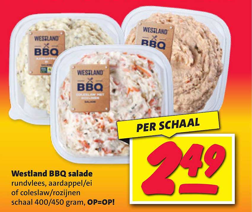 Westland BBQ salade rundvlees, aardappel/ei of coleslaw/rozijnen schaal 400/450 gram, OP=OP!
