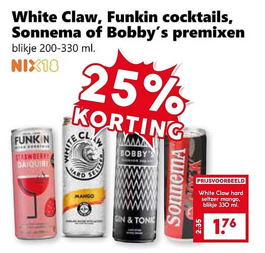 White Claw, Funkin cocktails, Sonnema of Bobby’s premixen blijkje 200-330 ml.