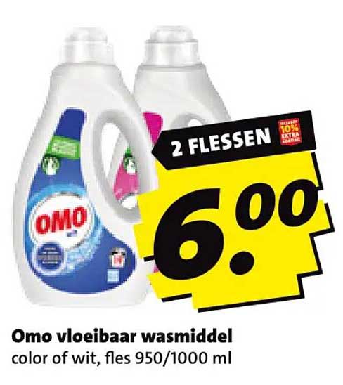 2 flessen Omo vloeibaar wasmiddel color of wit, fles 950/1000 ml