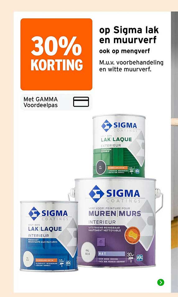 30% korting op Sigma lak en muurverf ook op mengverf