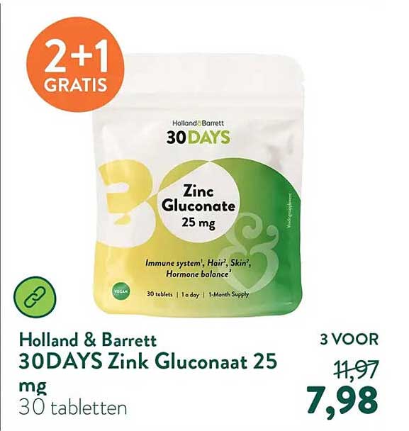 30DAYS Zink Gluconaat 25 mg 2+1 gratis