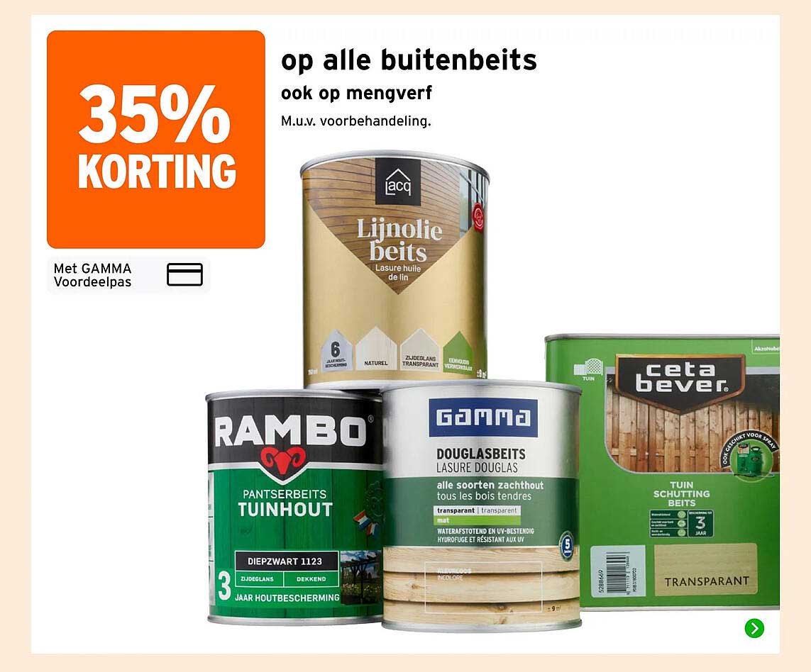 35% korting op alle buitenbeits ook op mengverf