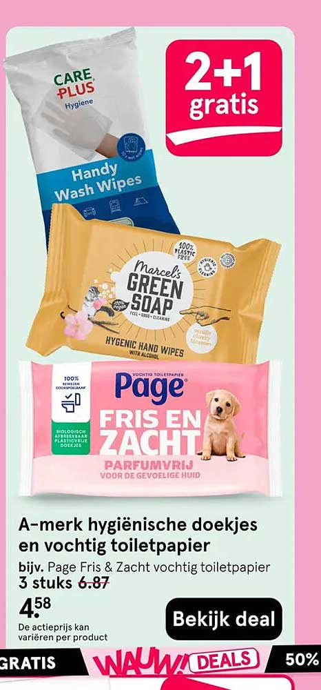 A-merk hygiënische doekjes en vochtig toiletpapier 2+1 gratis