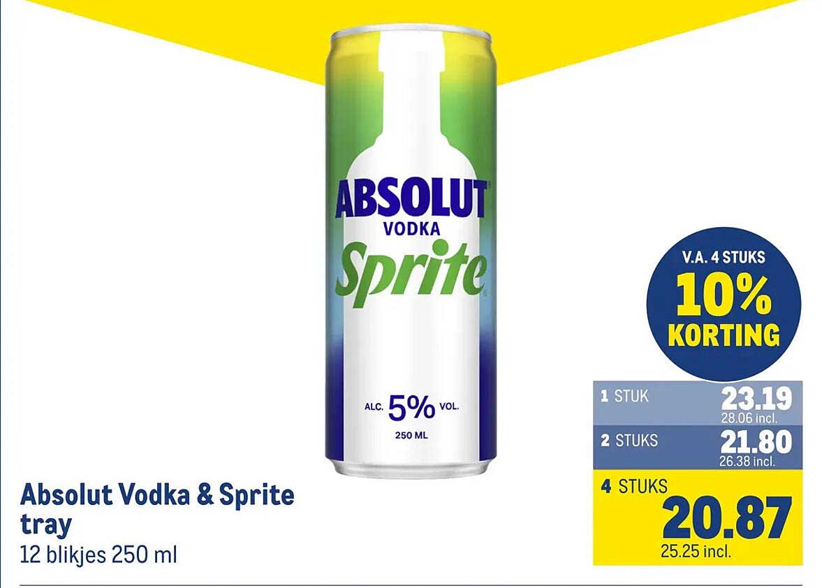 Absolut Vodka & Sprite tray 12 blikjes 250 ml v.a. 4 stuks 10% korting
