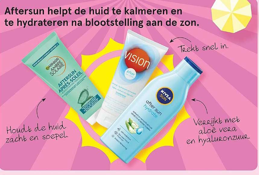Aftersun helpt de huid te kalmeren en te hydrateren na blootstelling aan de zon.
