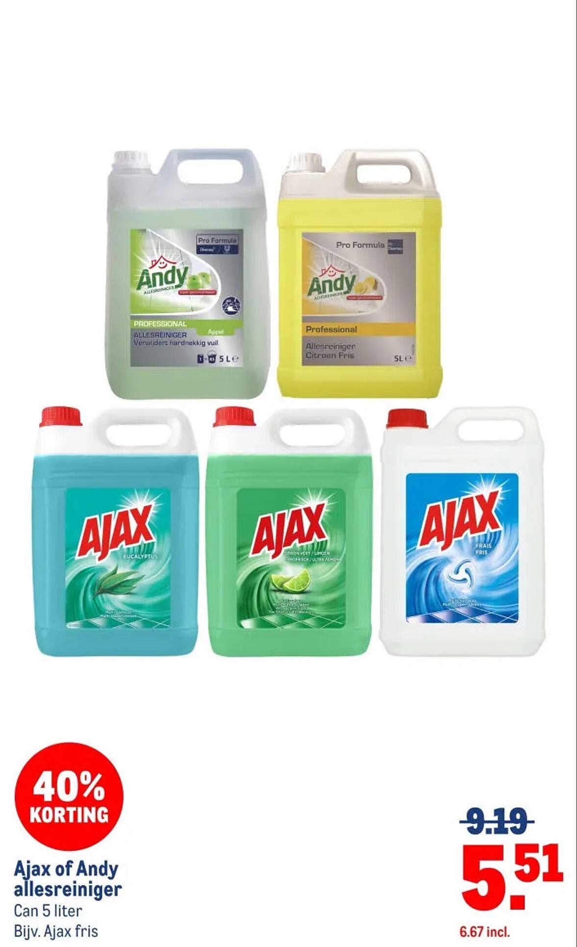 Ajax of Andy allesreiniger Can 5 liter Bijv. Ajax fris 40% KORTING