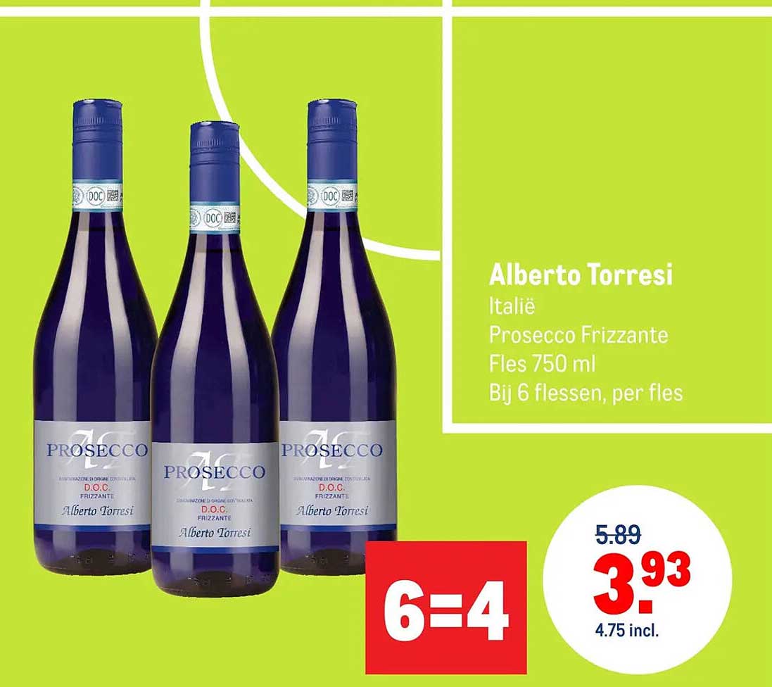 Alberto Torresi Italië Prosecco Frizzante Fles 750 ml Bij 6 flessen, per fles 6=4