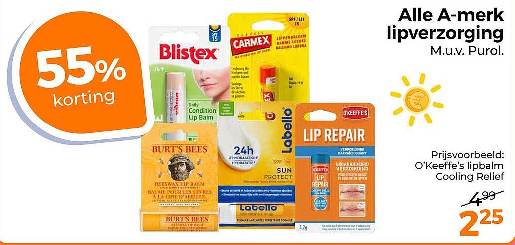 Alle A-merk lipverzorging. M.u.v. Purol. 55% korting