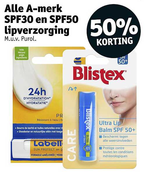 Alle A-merk SPF30 en SPF50 lipverzorging M.u.v. Purol. 50% KORTING