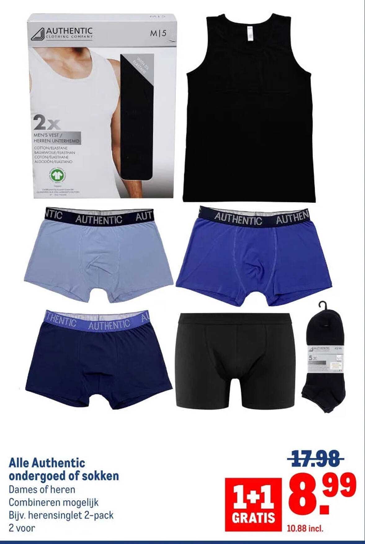 Alle Authentic ondergoed of sokken 1+1 gratis
