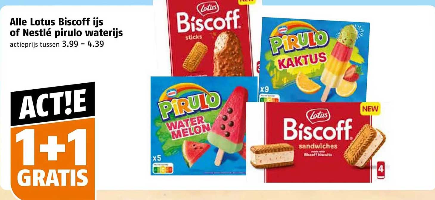 Alle Lotus Biscoff ijs of Nestlé pirulo waterijs 1+1 gratis