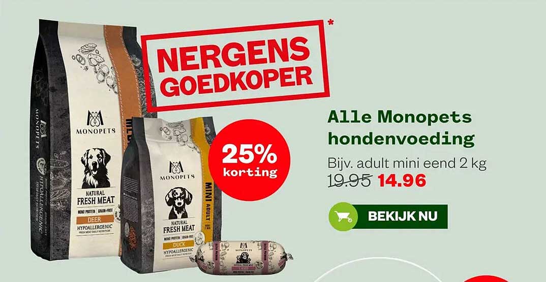 Alle Monopets hondenvoeding Bijv. adult mini eend 2 kg 25% korting