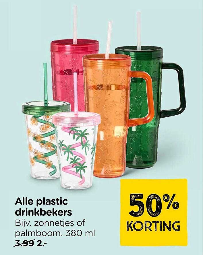 Alle plastic drinkbekers Bijv. zonnetje of palmboom. 380 ml 50% KORTING