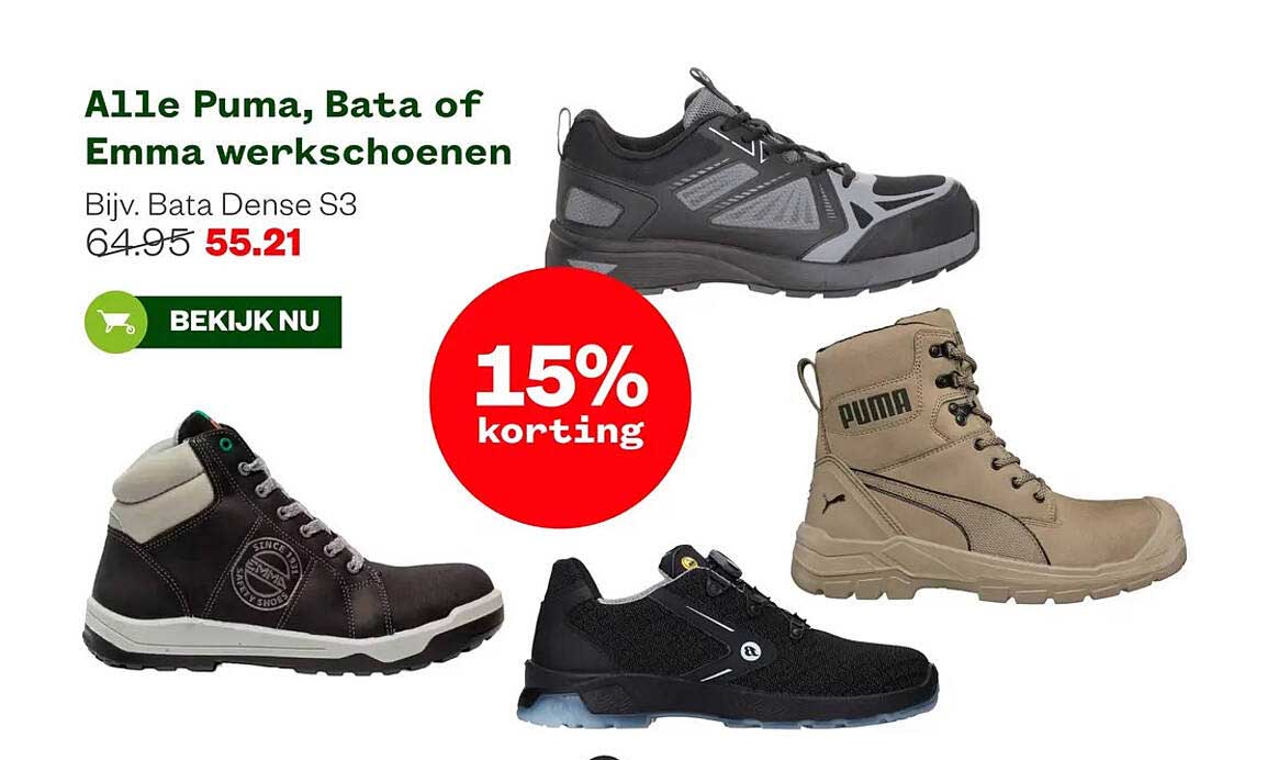 Alle Puma, Bata of Emma werkschoenen 15% korting