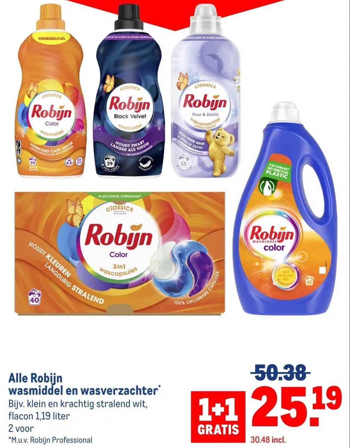 Alle Robijn wasmiddel en wasverzachter 1+1 GRATIS