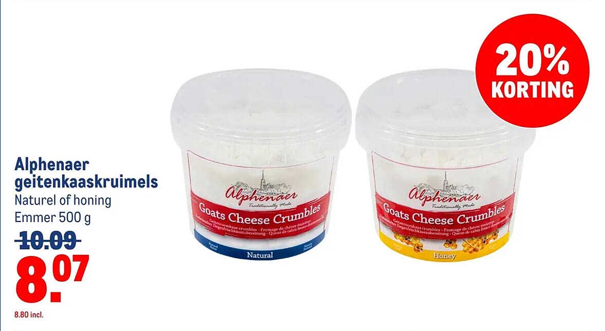 Alphenaer geitenkaaskruimels Naturel of honing Emmer 500 g 20% KORTING