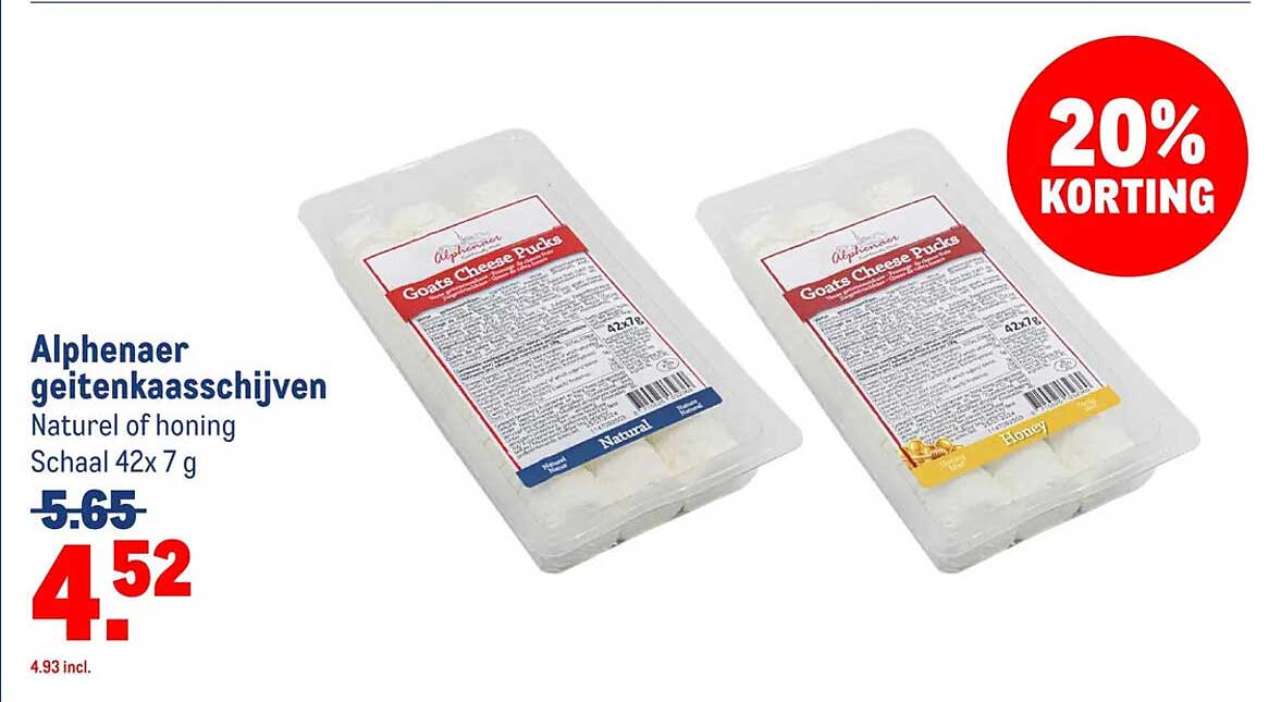 Alphenaer geitenkaasschijven Naturel of honing Schaal 42x 7 g 20% KORTING