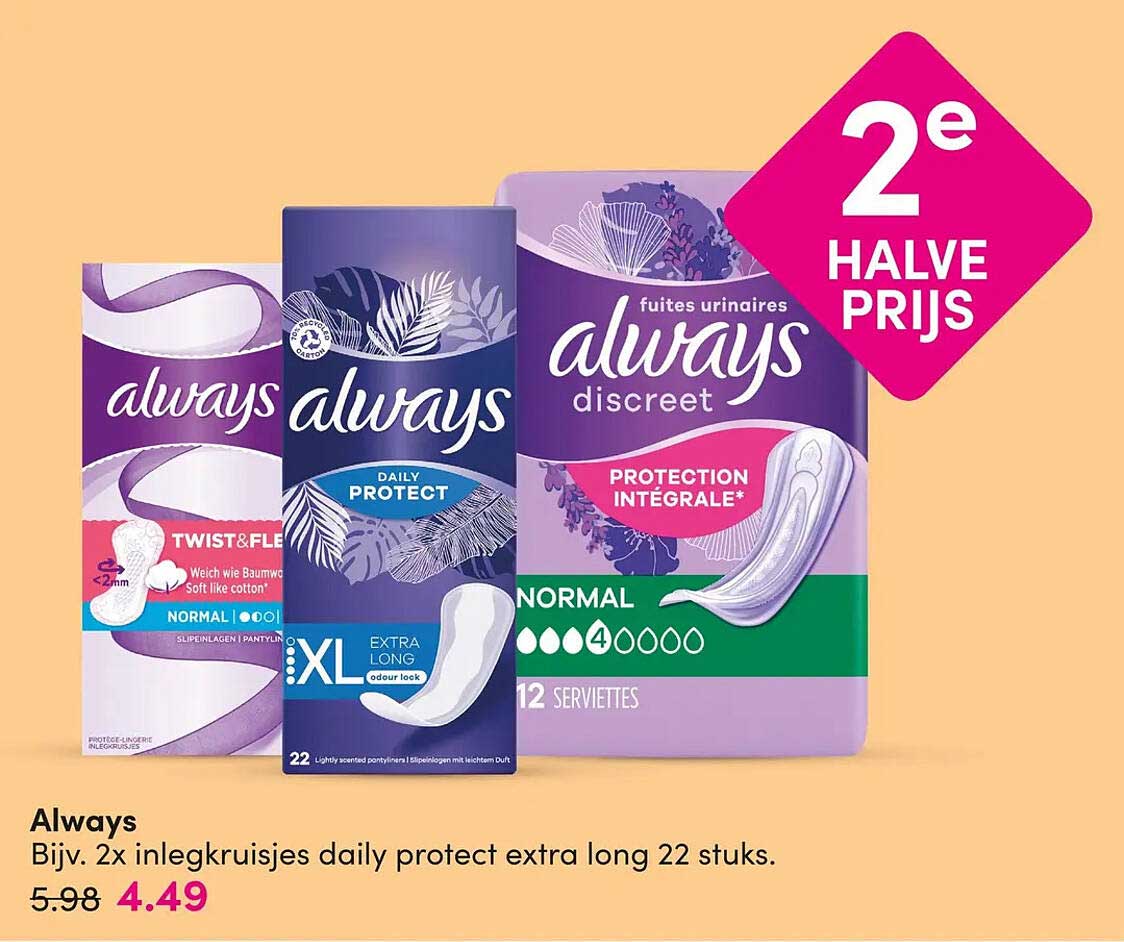 Always Bijv. 2x inlegkruisjes daily protect extra long 22 stuks. 2e halve prijs