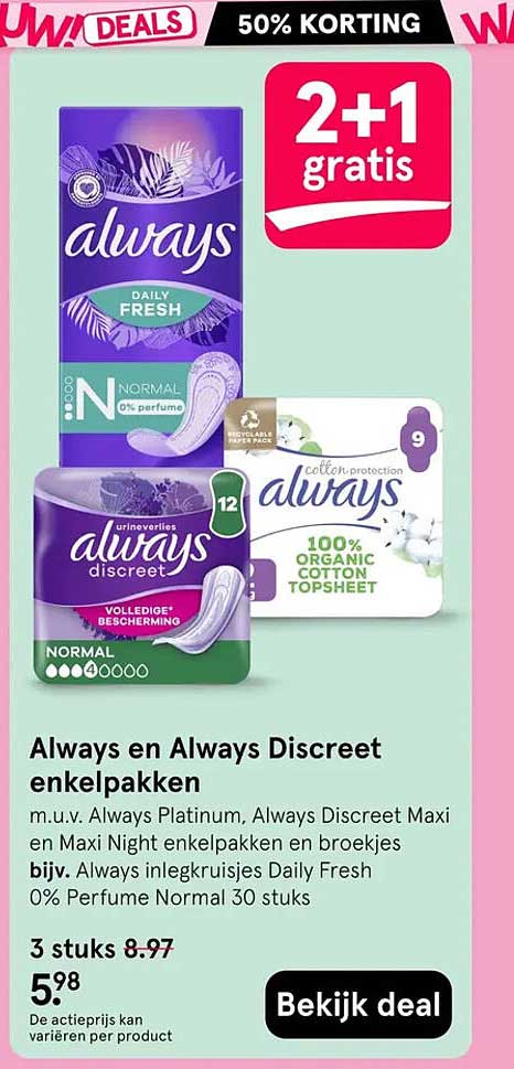 Always en Always Discreet enkelpakken 2+1 gratis