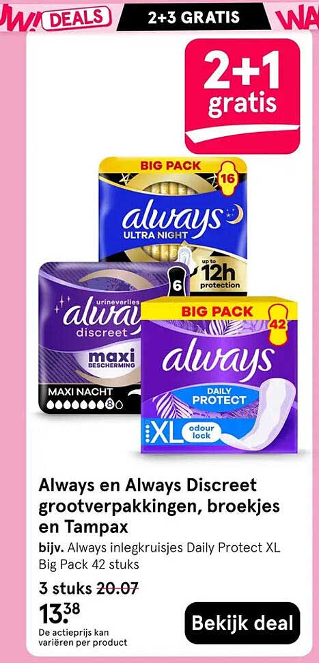 Always en Always Discreet grootverpakkingen, broekjes en Tampax 2+1 gratis
