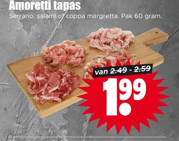 Amoretti tapas Serrano, salami of coppa margretta. Pak 60 gram.