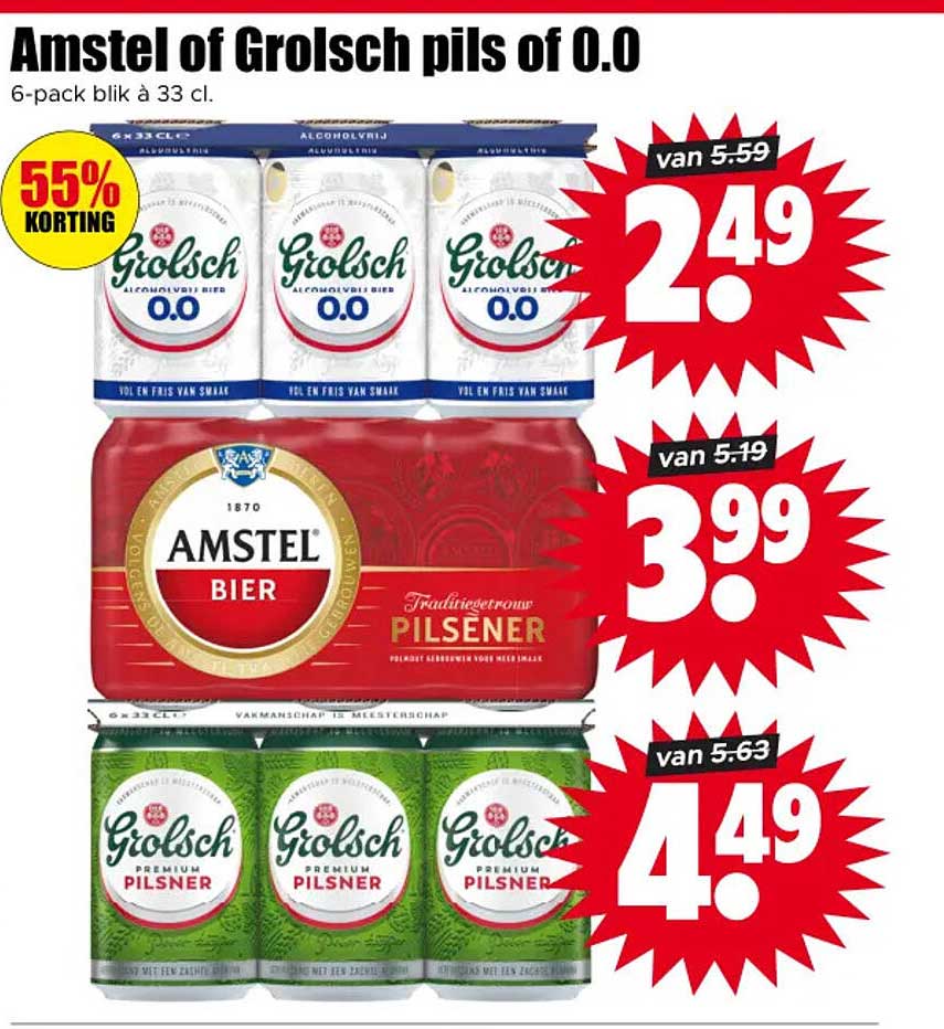 Amstel of Grolsch pils of 0.0 6-pack blik à 33 cl 55% KORTING